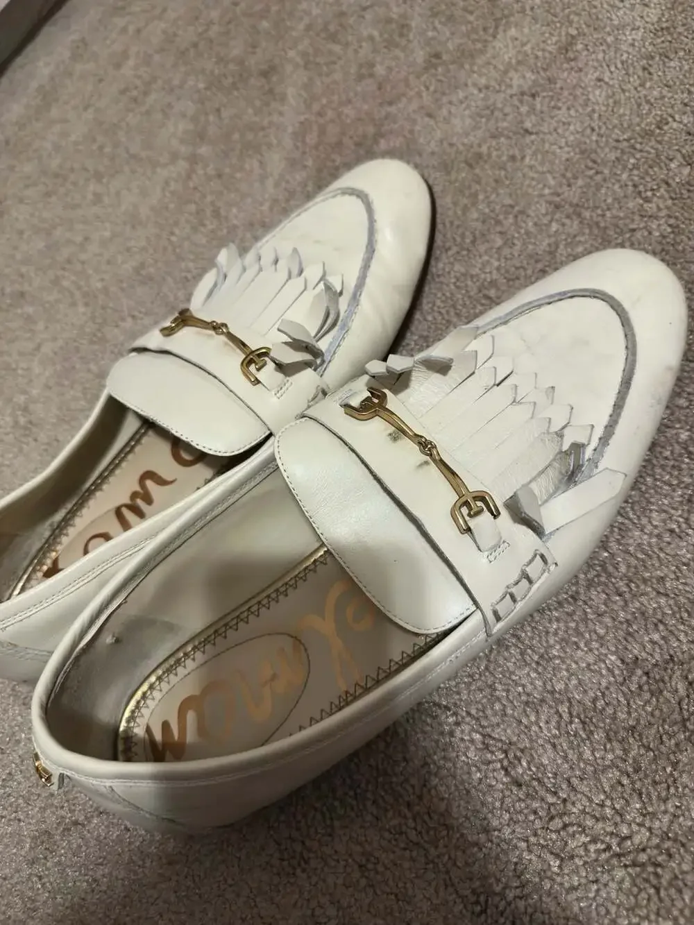 Sam Edelman White Leather Tassel Horsebit Loafers